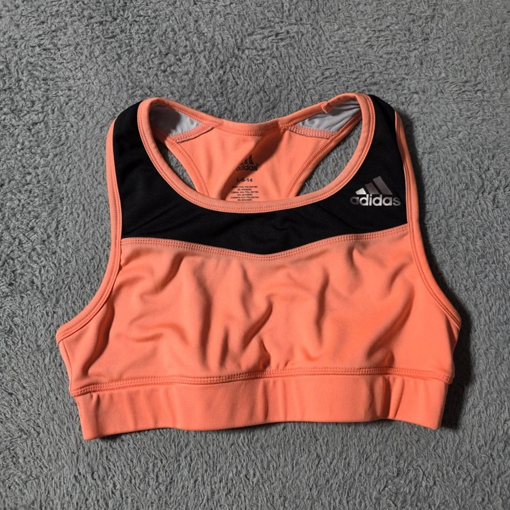 Adidas Girls L 14 Sports Bra Coral Black Racerback Athletic Mesh Trim Logo